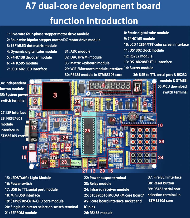 51 MCU Development Board STC89C516 + STM8S105C Dual Core AVR Learning Board + Touchable Color LCD + Motor + AD DA + 51 Simulator