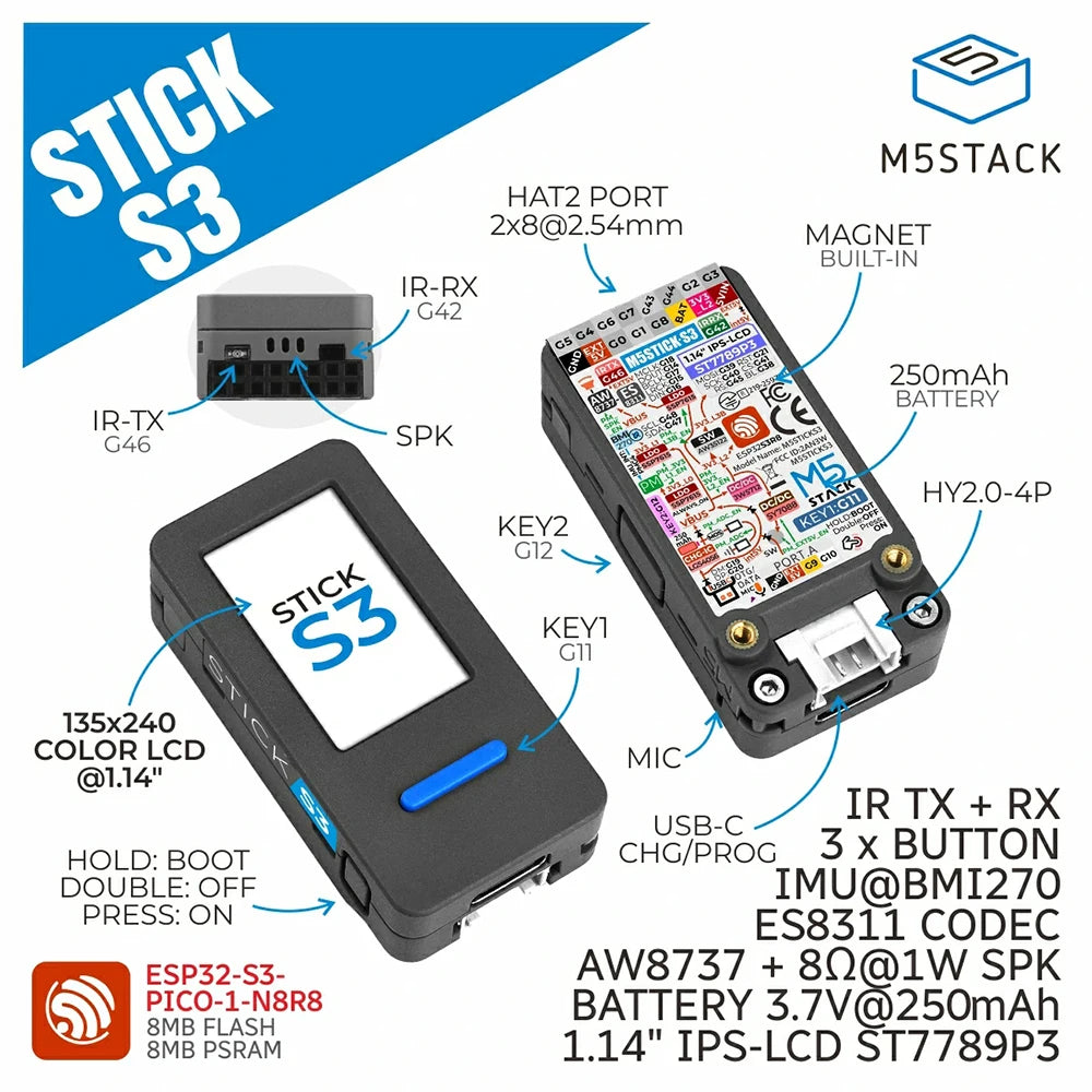 M5Stack StickS3 ESP32-S3 IoT Development Board 1.14" LCD